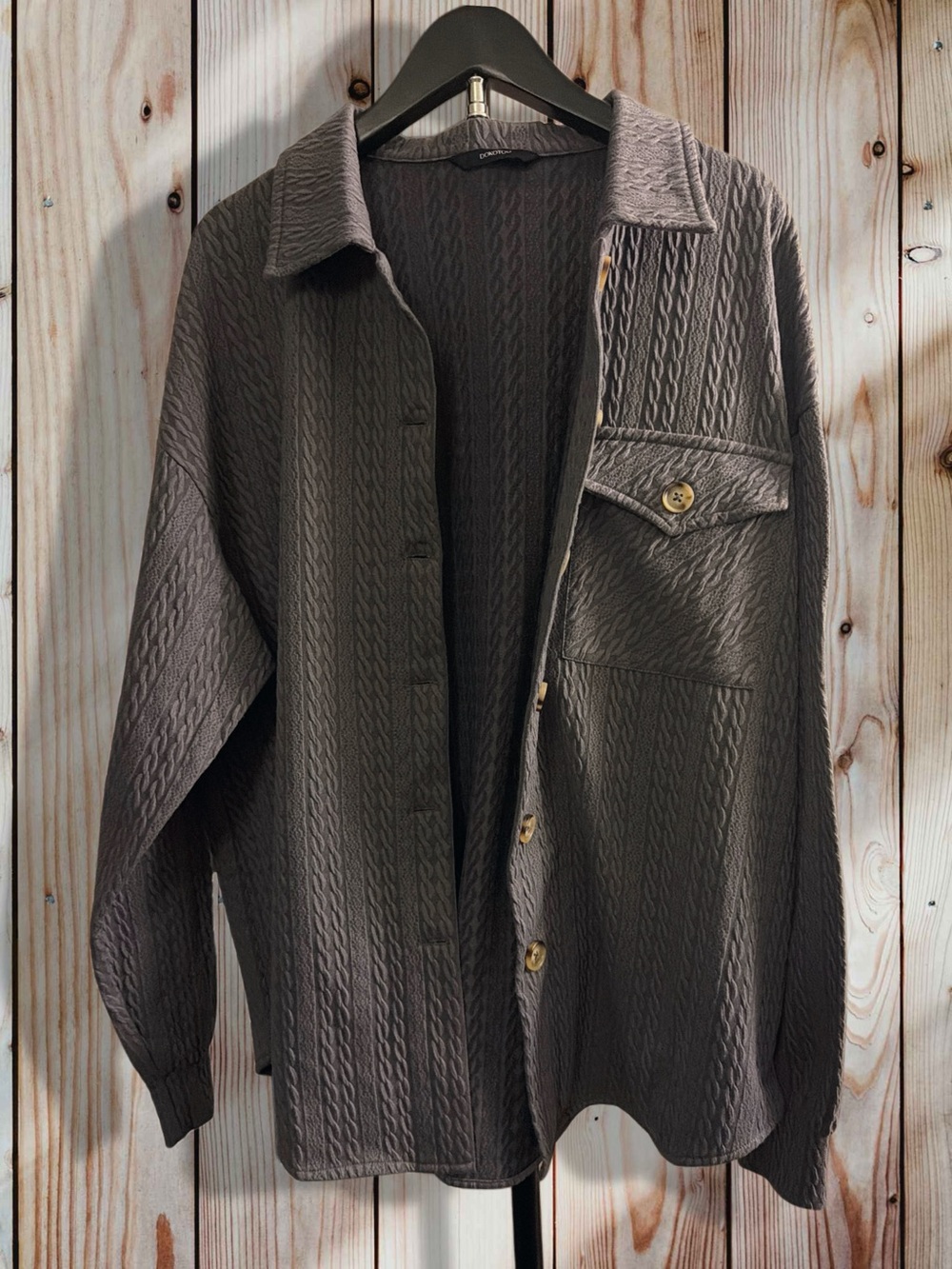Oversized Textured Button-Front Jean Jacket - Gray - Picture 2 of 6